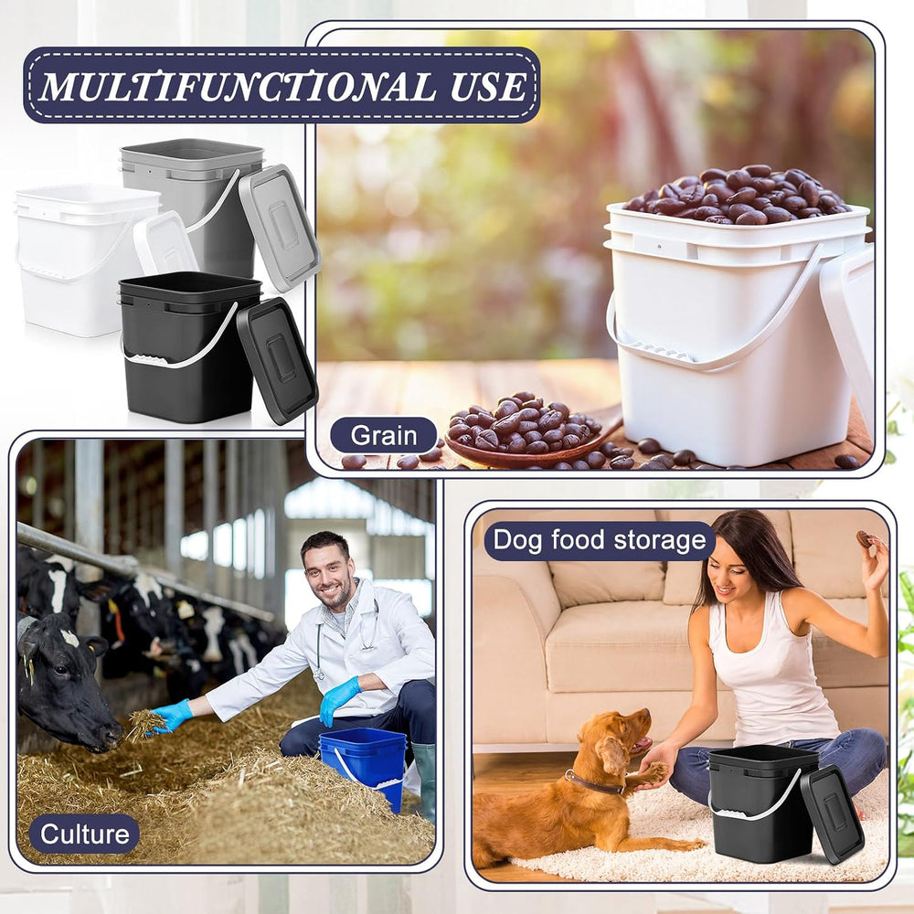 Mumufy 3 Pcs 3.5 Gallon Square Food Grade Bucket with Lid, Black,Gray,White