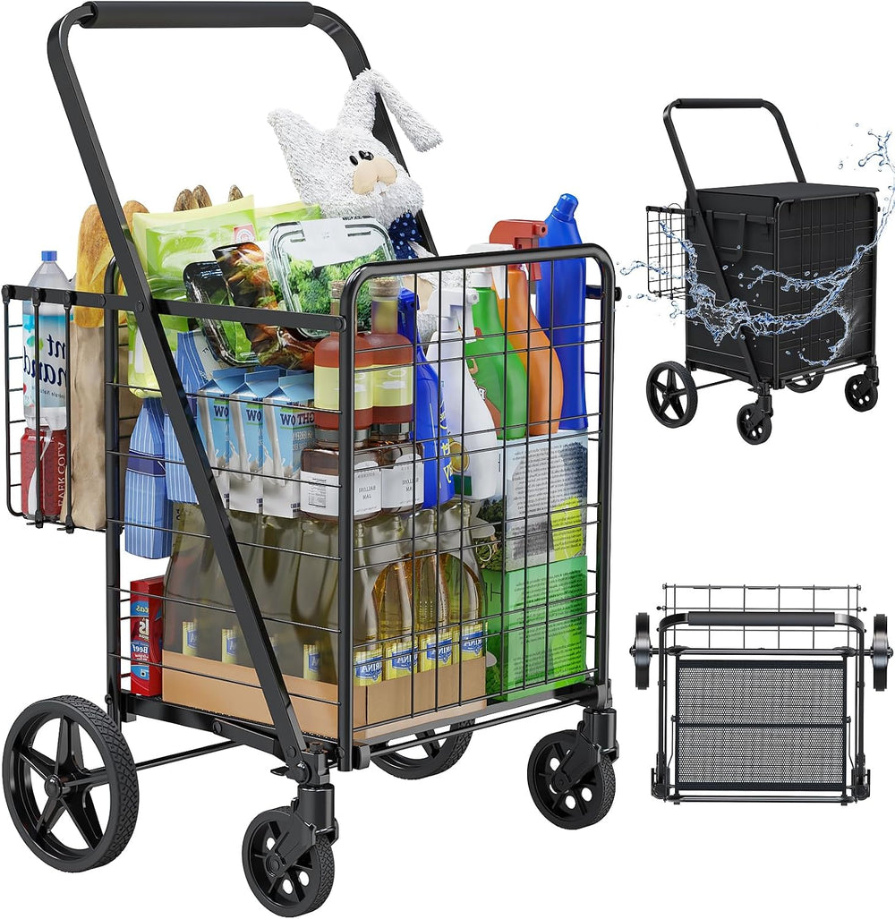 Folding Shopping Cart with Waterproof Bag, Double Basket Grocery Cart