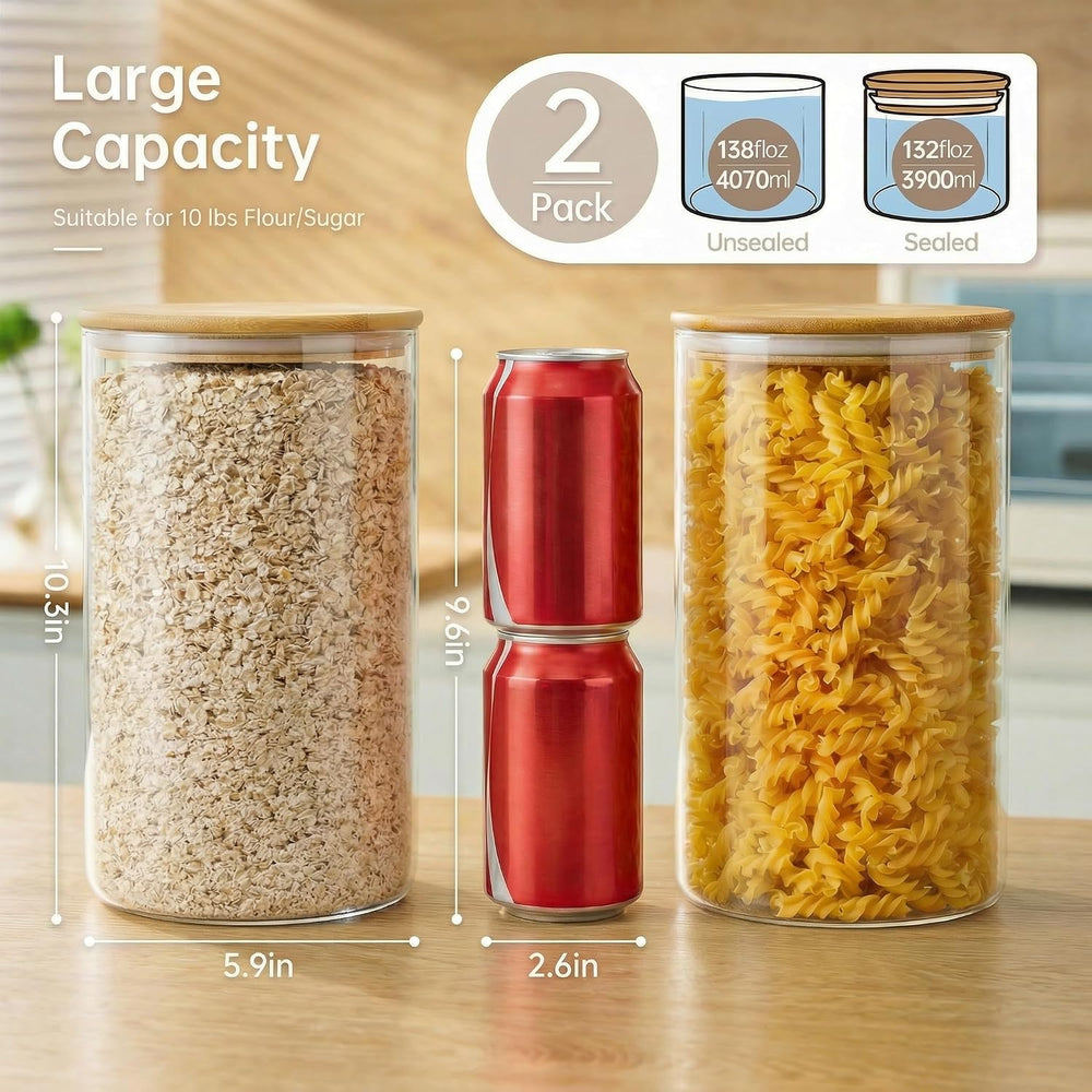132oz Large Glass Storage Containers with Bamboo Lids for Flour & Sugar -2P