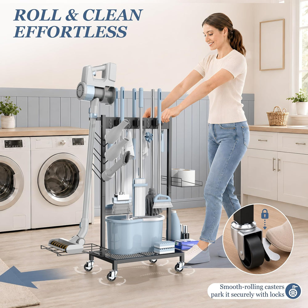 Broom Holder Cleaning Cart, Cleaning Supplies Organizer Adjustable