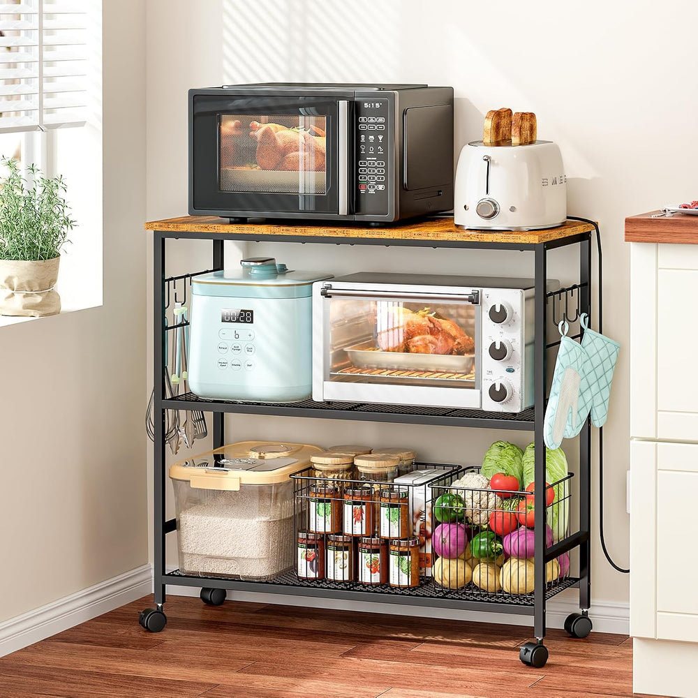 3 Tier Rolling Kitchen Microwave Cart, 33 Inch Microwave Table Stand with Adj...