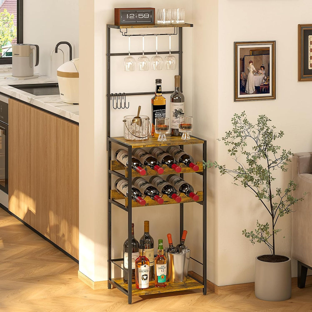 5-Tier Wine Rack Freestanding Floor, Liquor Bar Stand with Glasses Holder and...