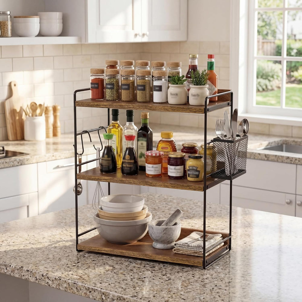 3-Tier Bathroom Counter Organizer and Storage with Basket, Brown