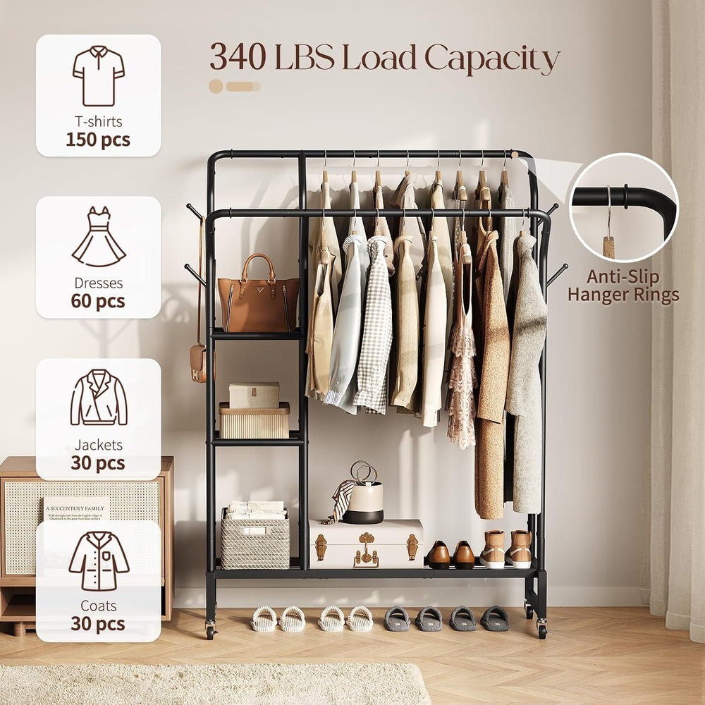 Yoobure Double Rods Clothes Rack - Portable Clothing Rack with Wheels, Rollin...