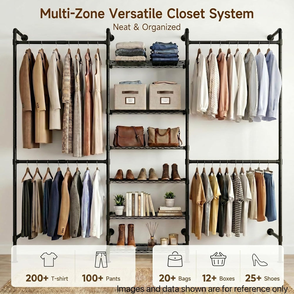 F3 Wall Mounted Closet System, Industrial Pipe Clothing Rack for Hanging Clot...
