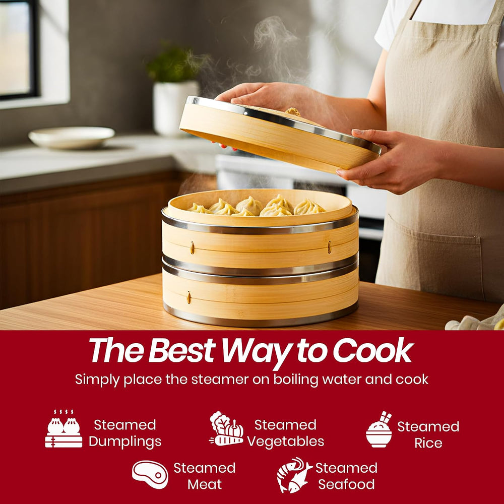 Bamboo Steamer Basket 10 Inch 2 Tier Set for Cooking | Dumpling Steamer Baske...
