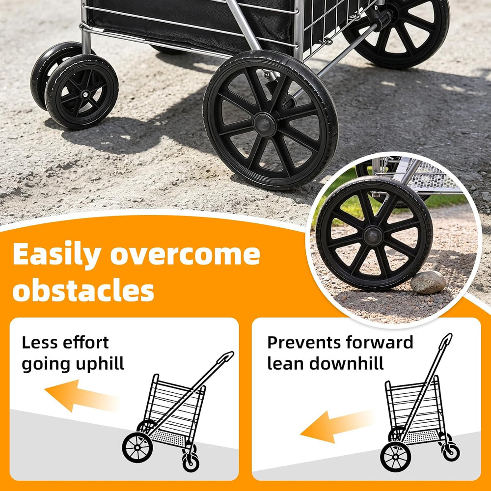 Folding Shopping Cart with Large Front Wheels, Grocery Cart with Waterproof L...