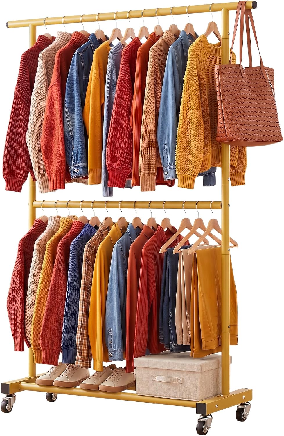 Sywhitta Double Rod Metal Clothing Garment Rack on Wheels, Gold
