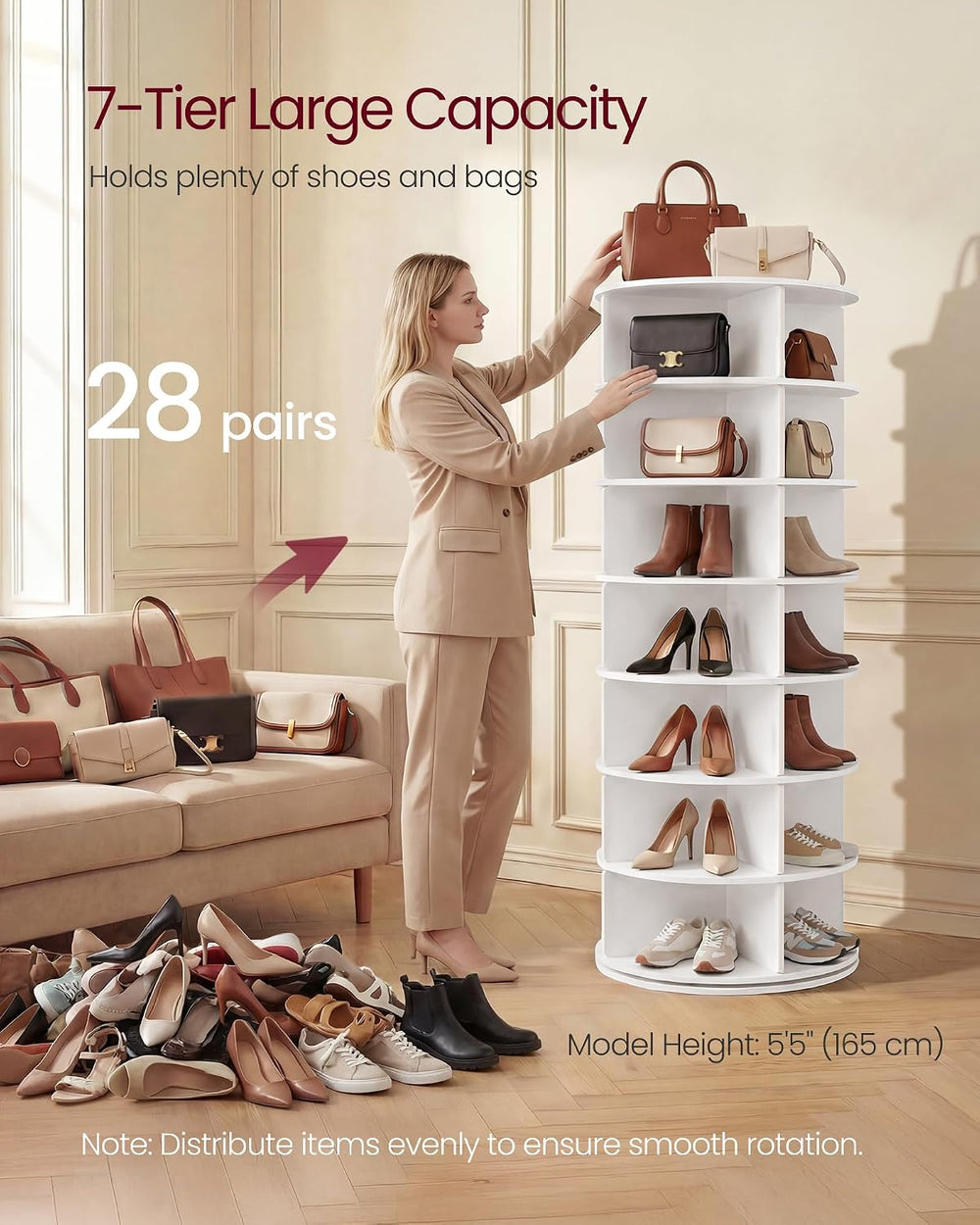 VASAGLE 7-Tier Rotating Shoe Rack Tower, Free Standing