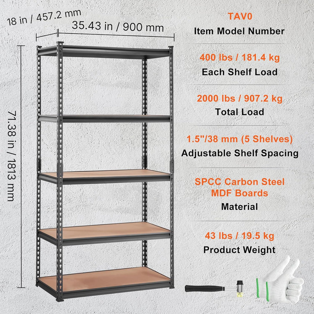 VEVOR Storage Shelves 5-Tier Adjustable 2000 lbs 36"x18"x72" S...