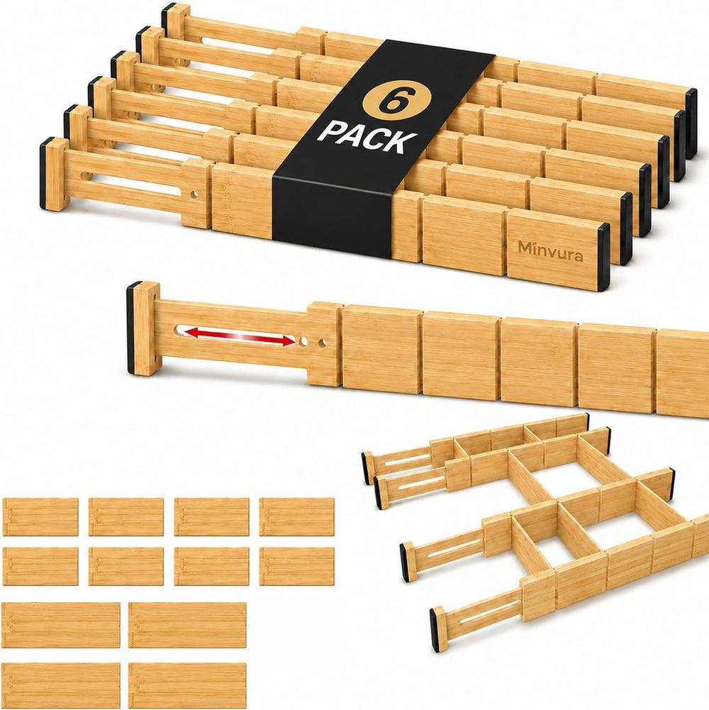 6 Pack Bamboo Drawer Dividers with 12 Inserts, Adjustable 17–22 Inch Expandab...