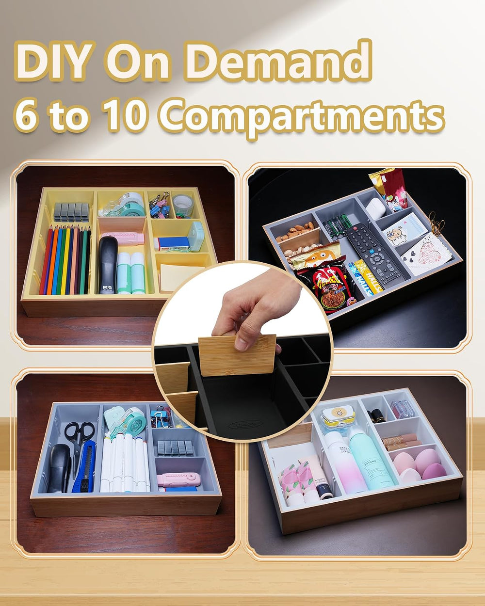 Bamboo Desk Drawer Organizer Tray, Silicone Sturdy Junk Drawer Organizer with...
