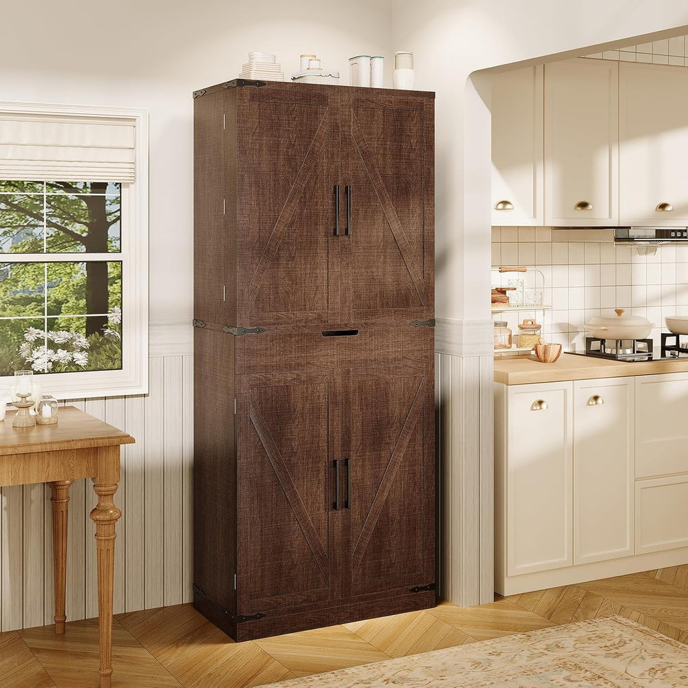 72" Kitchen Pantry Storage Cabinet with Doors and Shelves, Wood Farmhous...