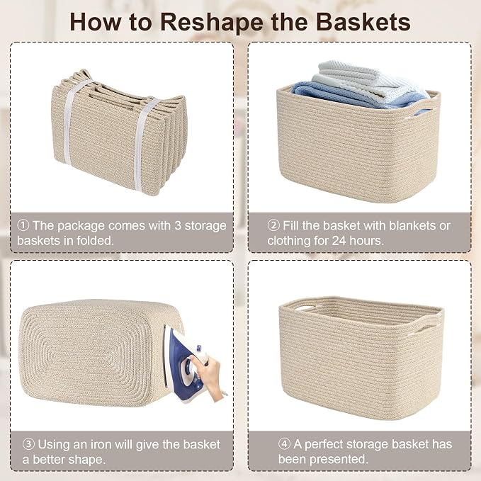 3-Pack Shelf Baskets for Organizing, Woven Storage Basket for Shelves, Cotton
