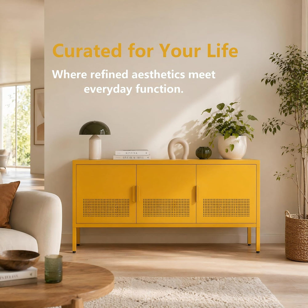 Yellow 47.3" Wide 3 Door Metal TV Stand, 2-Tier Storage Cabinet with Adj...