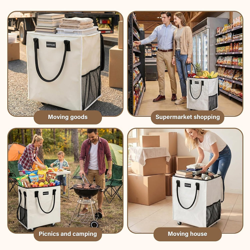 Grocery Bag Rolling Tote Bag on 4 Wheels, Shopping Bag with Wheels Handle