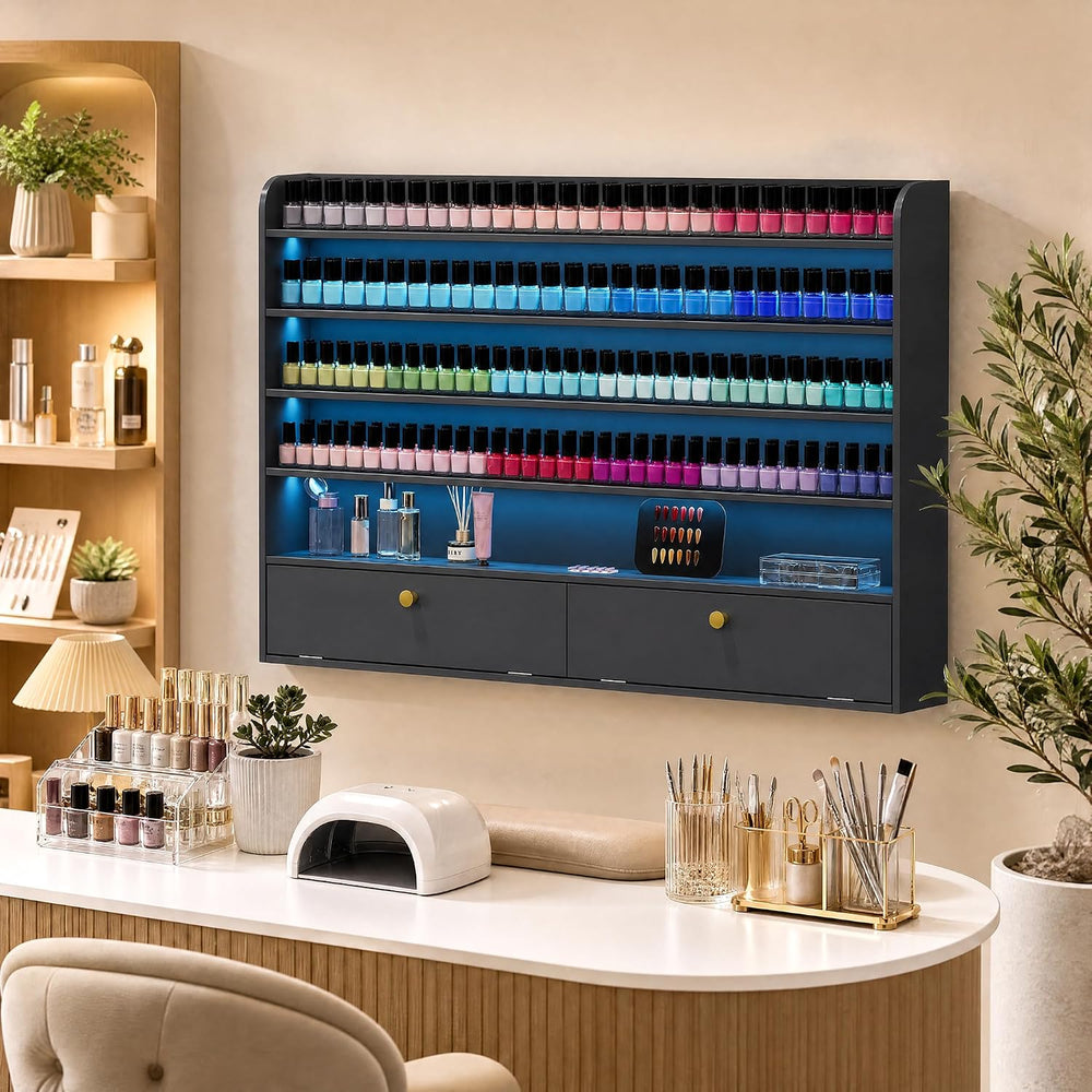 Wood Nail Polish Rack with Cabinet, 5-Tier Nail Polish Display Shelf, Black