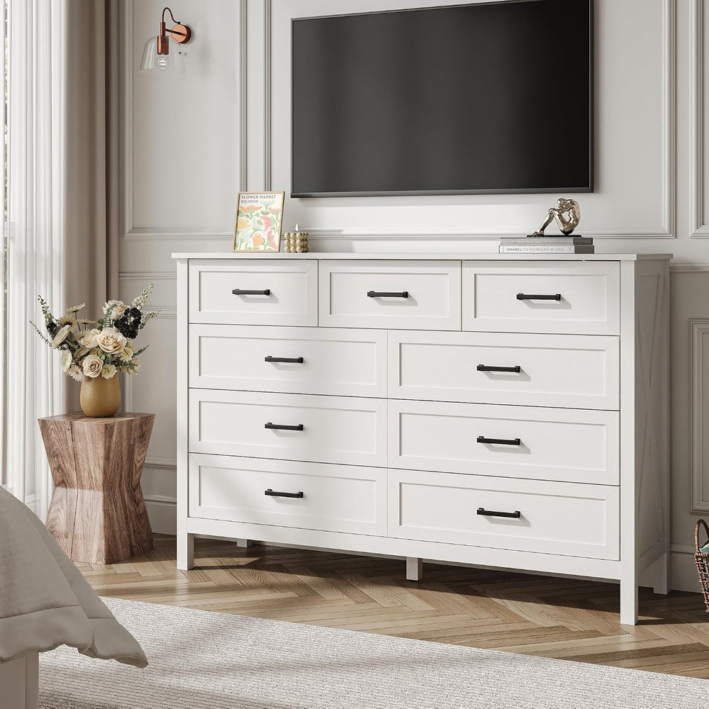 White Farmhouse 9 Drawers Dresser for Bedroom, 55" Wide