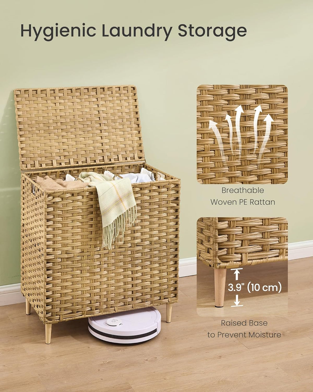 SONGMICS 3-Section Laundry Hamper with Lid, PE Rattan, 42 Gallons (160 L)