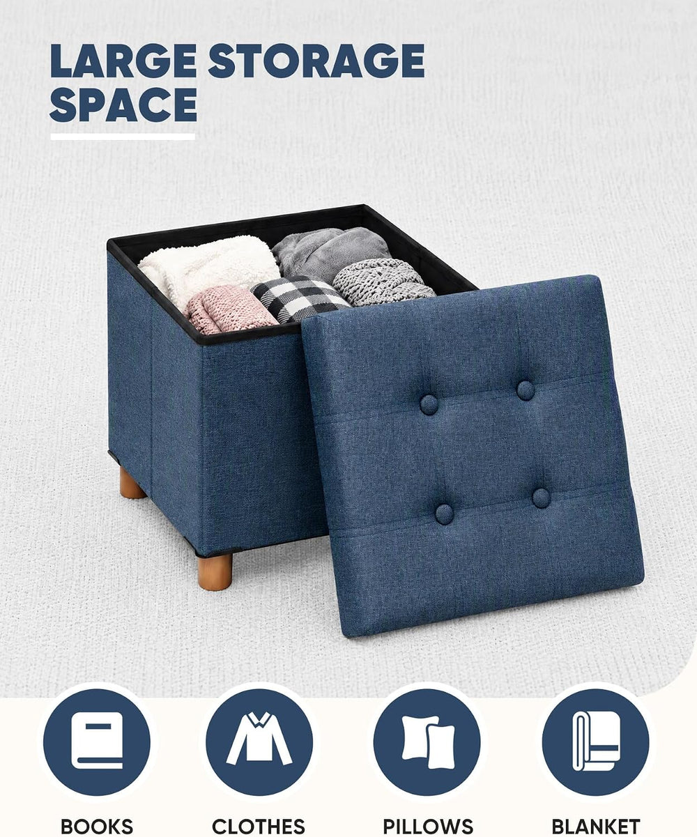 B FSOBEIIALEO 15" Square Storage Ottoman with Tray, Wood Legs, Linen Blue
