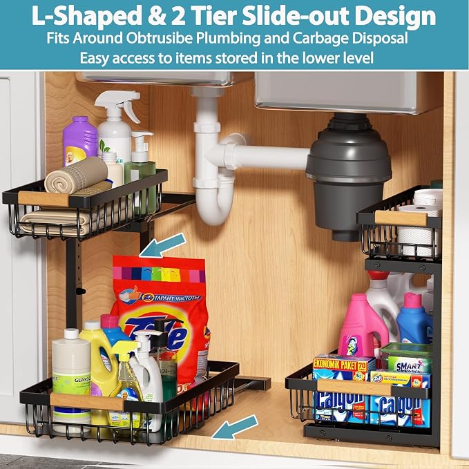 Under Sink Organizer Storage 2 Pack, 2 Tier Slide Out Height Adjustable Pull
