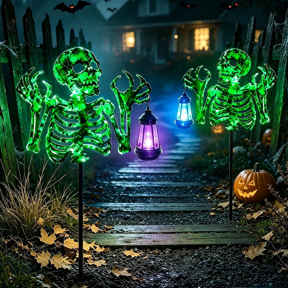 YJFWAL Halloween Skull Decor with Solar Light, 2 Pack Skull Solar Garden Ligh...