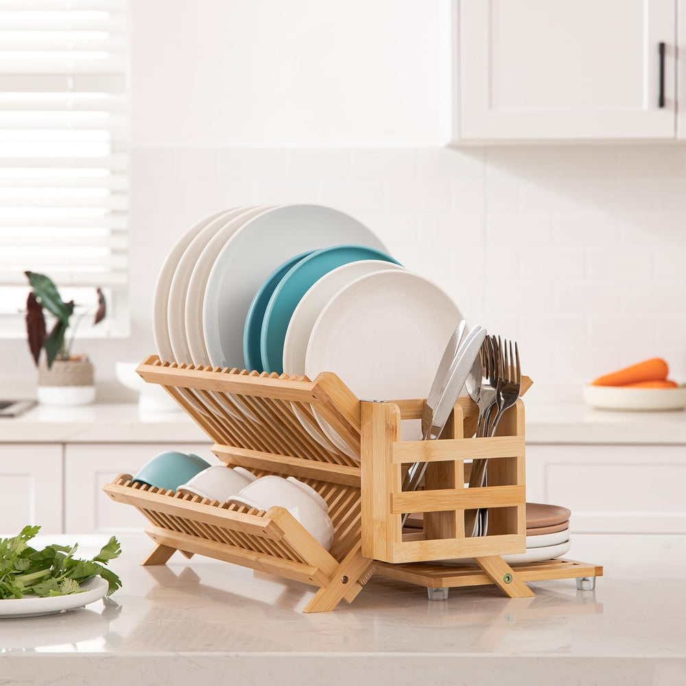 HBlife Bamboo Dish Drying Rack with Utensil Holder, 3-Tier Large Collapsible ...