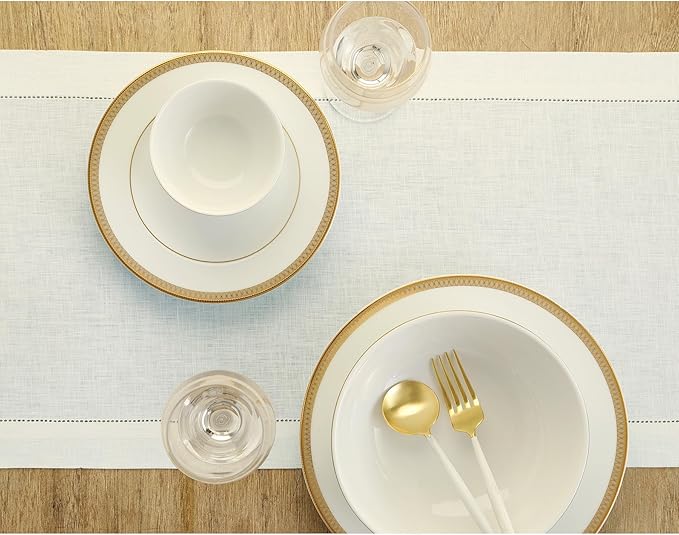 Solino Home Linen Ivory Table Runner 60 Inches - Classic Hemstitch, 100% Pure...