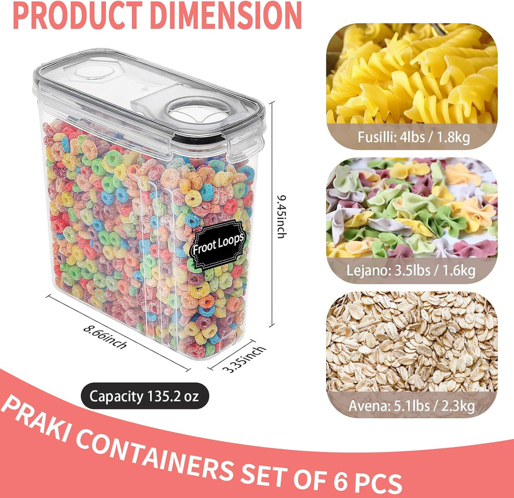 PRAKI Large Dry Food Storage Containers with Lids, 6PCS Airtight Cereal Conta...