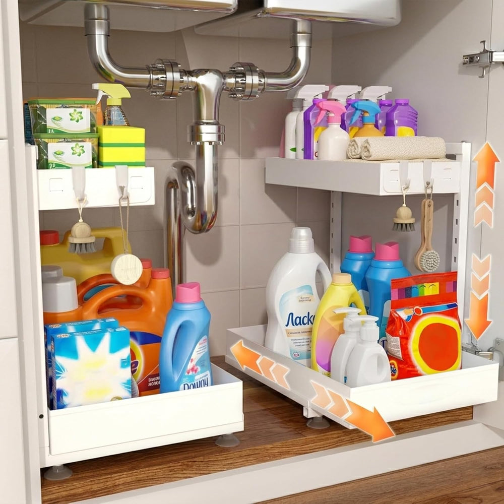 Under Sink Organizer 2 Pack, 2-Tier Metal Slide-Out, Height Adjustable