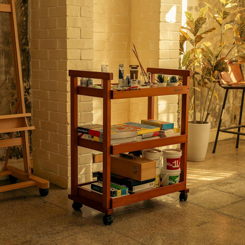 MEEDEN Rolling Art Supply Cart: Solid Beech Wood 3-Tier Storage Trolley
