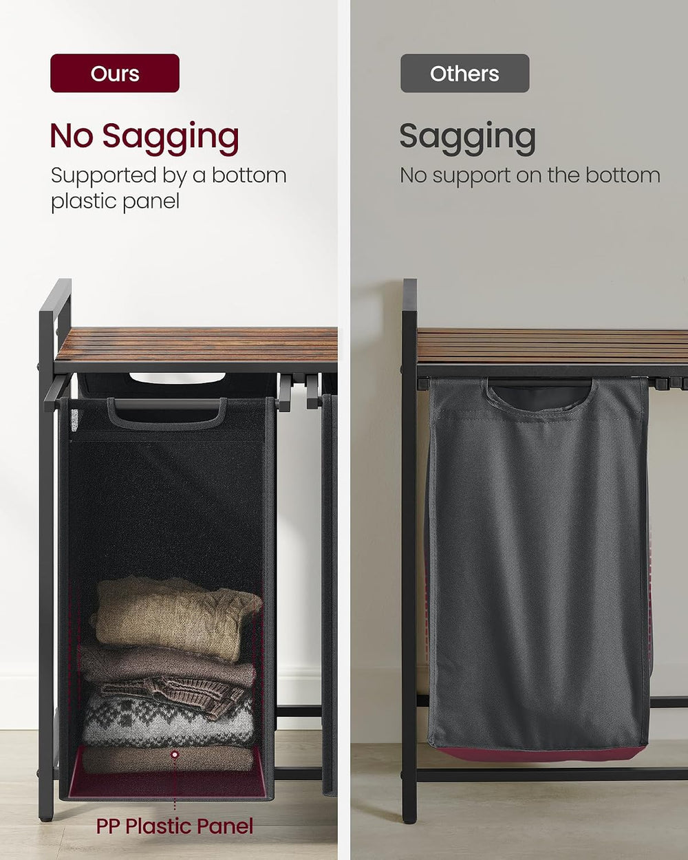 VASAGLE Laundry Hamper with Shelf, 2 Pull-Out Bags, 2 x 12.1 Gallons (46 L)