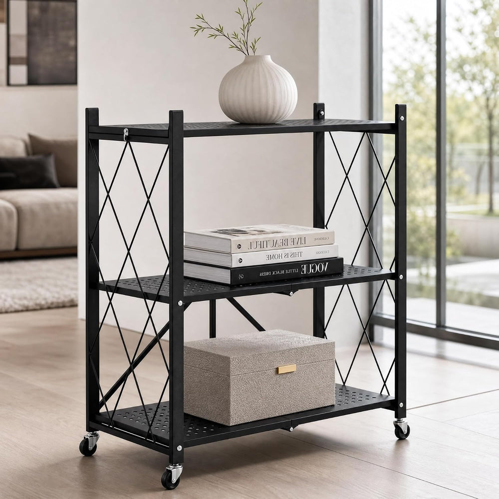 3-Tier Foldable Storage Shelves with Wheels (Black)