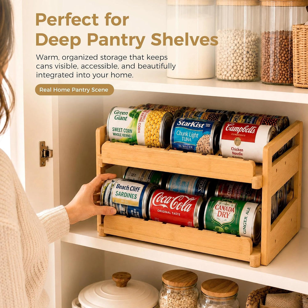 MinBoo Bamboo FIFO Can Organizer for Pantry, 24-Can Gravity Dispenser with Ad...