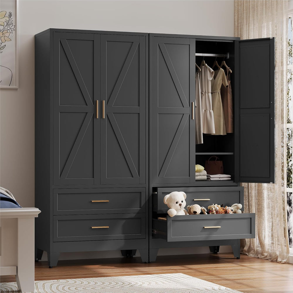 Metal Wardrobe Cabinet with Hanging Rod,71" Armoire Wardrobe Closet with...