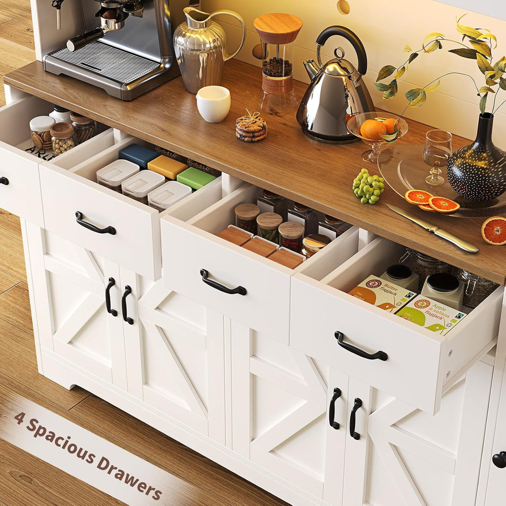 71" Tall Kitchen Pantry with LED Lights & Charging Station, Farmhous...