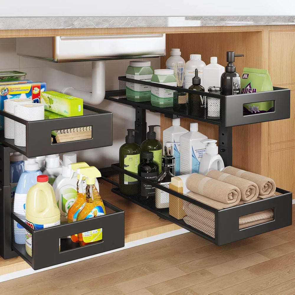 2 Packs 19IN Depth Under Sink Organizer, 2-Tier Pull Out Cabinet Organizer Wi...