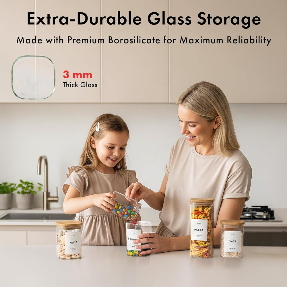 Glass Pantry Storage Jars Containers with Bamboo Lids and Labels