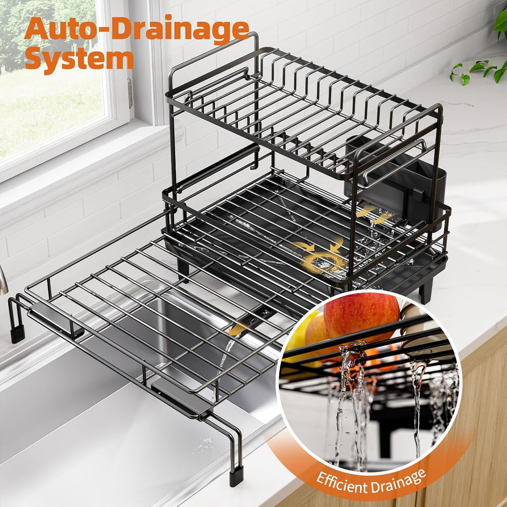 Urackify Expandable Sink Dish Drying Rack for Kitchen Counter, 2-Tier Black