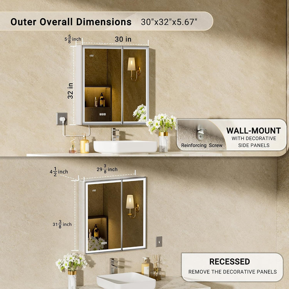 30x32 Lights Medicine Mirror Cabinet, Beveled Brushed Nickel Frame