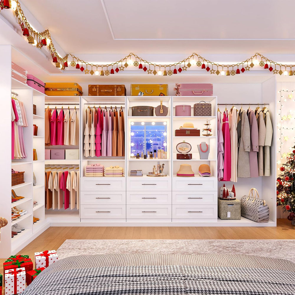 Closet System with 9 Wood Drawers, Corner Closet System with LED Mirror, Walk...