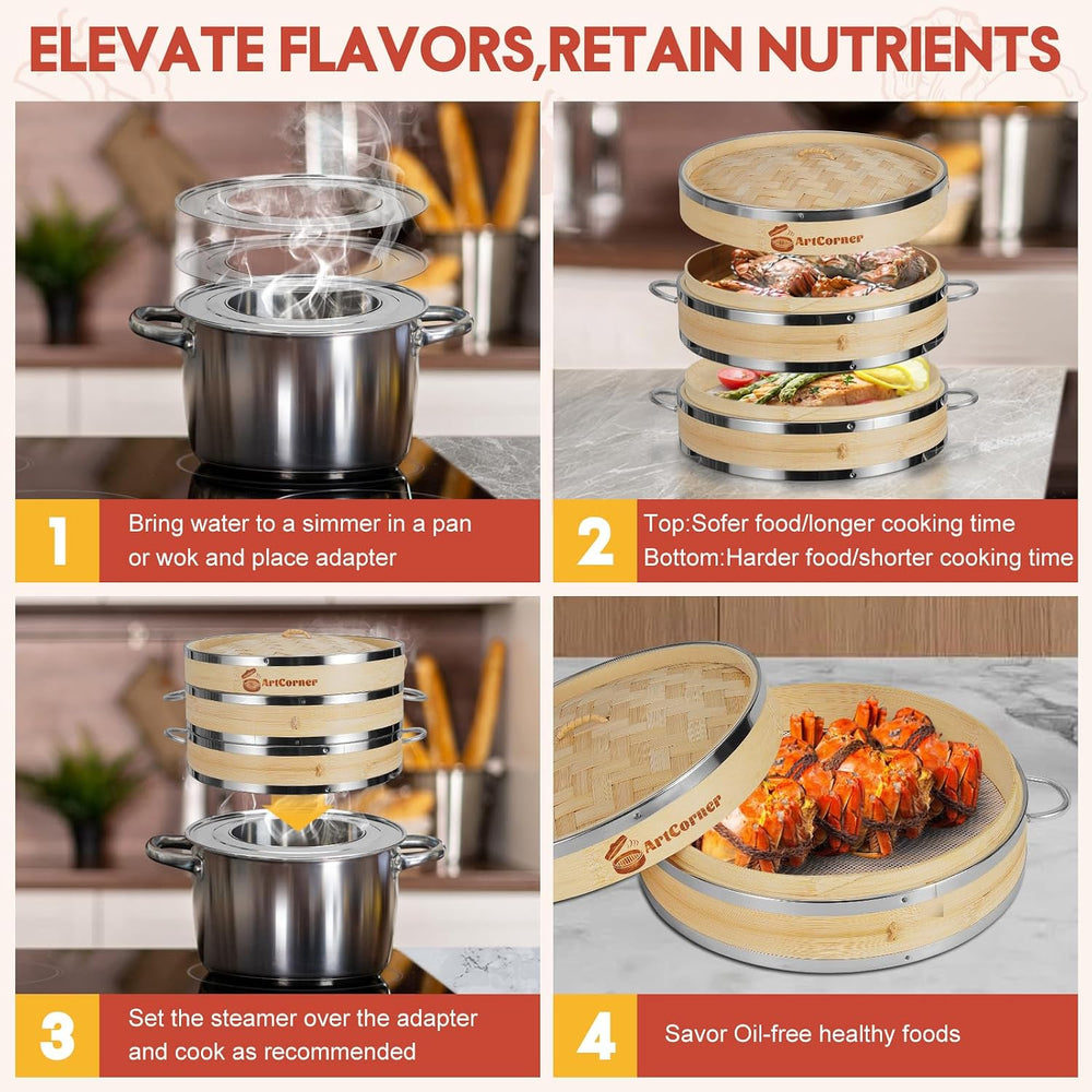 10 Inch Bamboo Steamer Basket Set, 2-Tier with Heat-Resistant Handles and Sta...