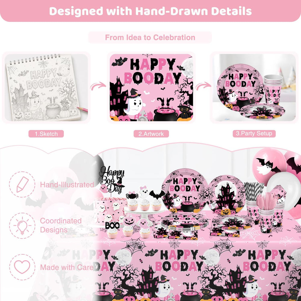 Happy Booday Party Decorations, Pink Halloween Birthday Decorations for 24