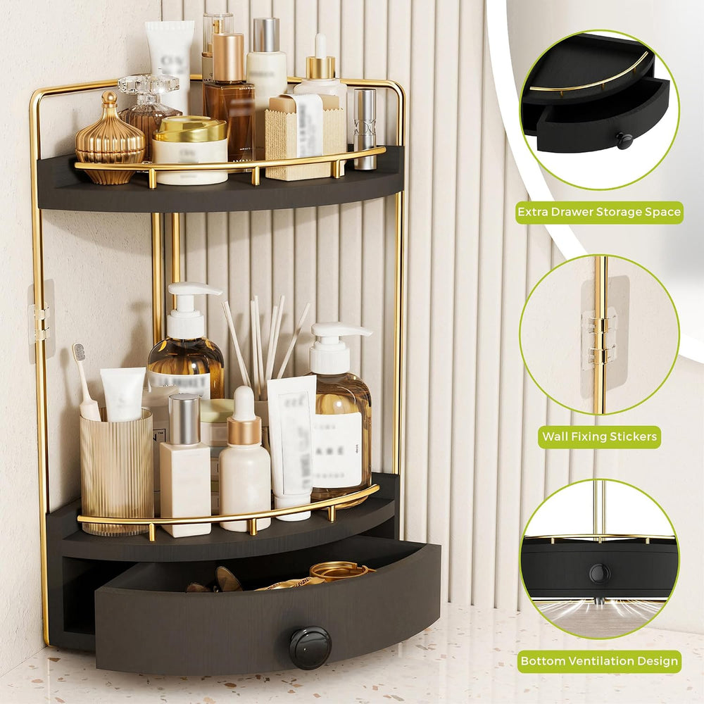 2-Tier Corner Bathroom Counter Organizer with Drawer, Black Gold