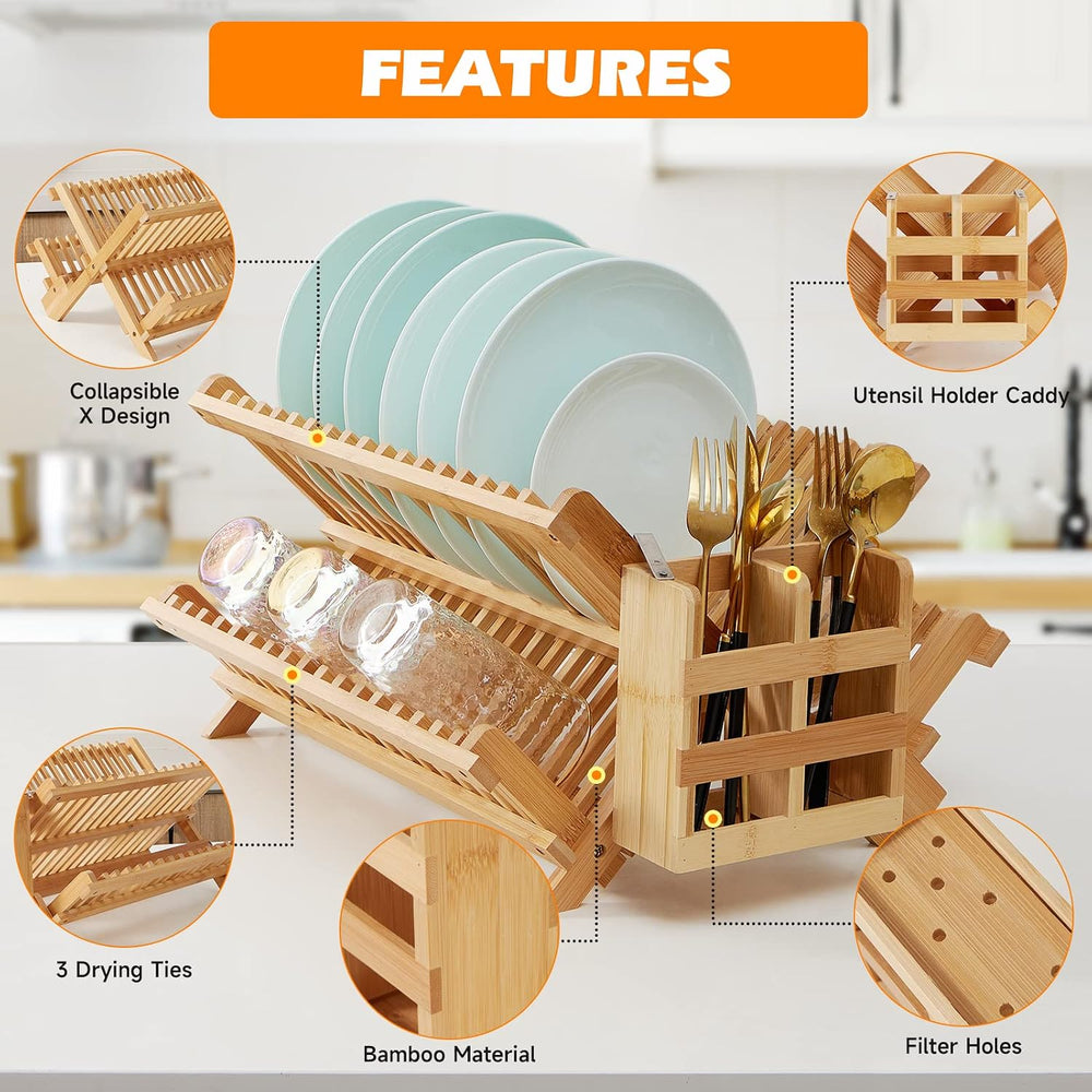 Bamboo Dish Drying Rack, 3-Tier Collapsible Wooden Dish Rack with Utensil Hol...