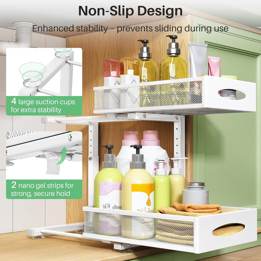 Under Sink Organizer, 2 Tier Pull out Cabinet Organizer Baskets with Mesh Sli...