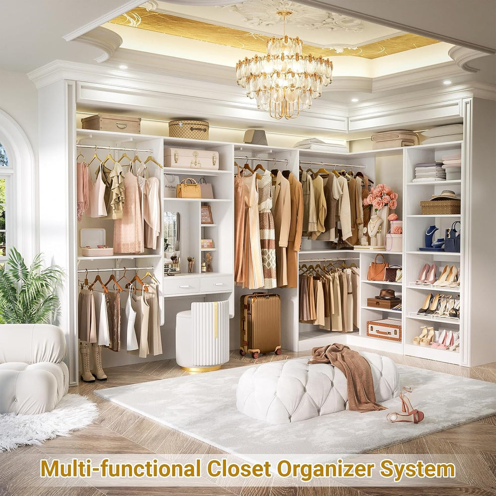 Unikito 156" Modular Corner Closet System with Vanity Desk Tower, White