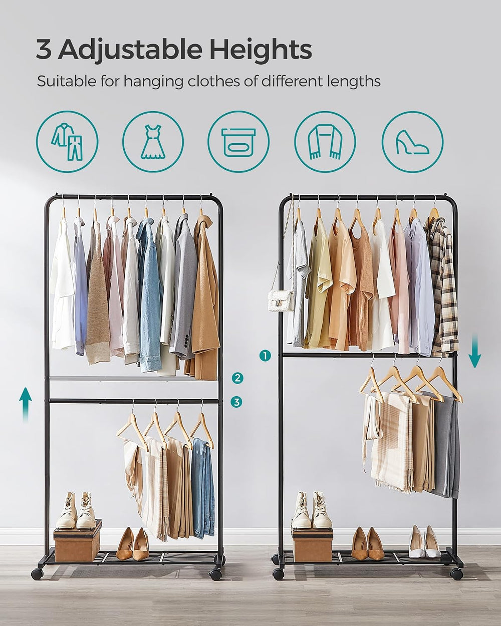 SONGMICS Clothes Rack with Wheels, Metal Garment Rack, Mesh Storage Shelf