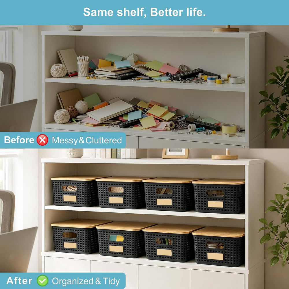 Small Plastic Storage Bins with Bamboo Lids 5.2qt Stackable Box Basket Pantry...
