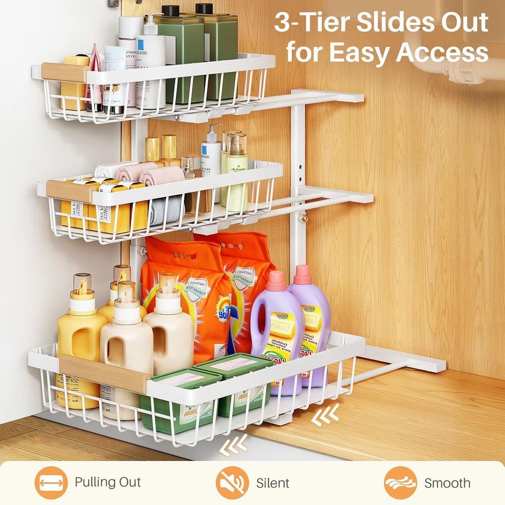 PXRACK Under Sink Organizer, 1-Pack 3-Tier Height Adjustable Thickened Metal ...